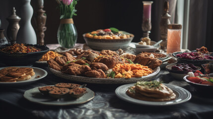 Traditional Eastern dishes on table. Celebration of Eid al-Fitr, Generative ai