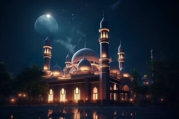 mosque at night special eid mubarak islamic celebration background Generative AI