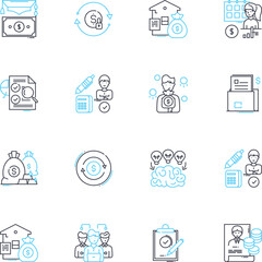 Budgeting strategy linear icons set. Allocation, Frugal, Planning, Analysis, Limits, Saving, Forecasting line vector and concept signs. Prioritization,Control,Reduction outline illustrations