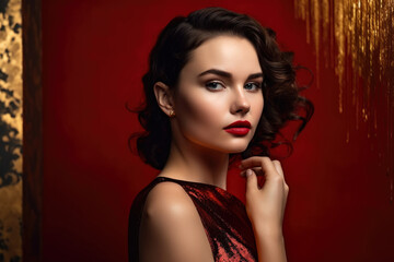 attractive and sophisticated woman with dark brown hair and a red dress, posing against a luxurious gold background, generative ai