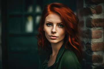 attractive beauty of a woman with fiery red hair and piercing green eyes, set against a dark olive green brick wall, generative ai
