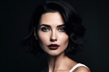 attractive portrait of a woman with full lips and a sharp jawline, contrasted by her ivory complexion and bold, dark hair, generative ai