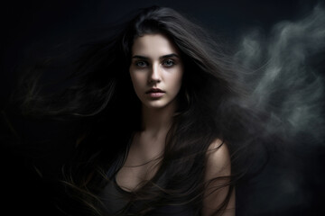 attractive woman with creamy white skin and dark flowing hair against a moody, smoky background, generative ai
