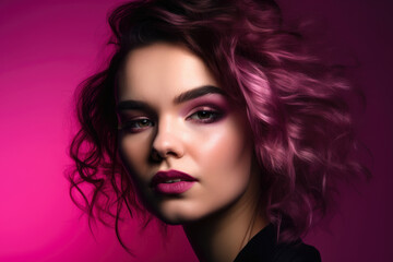 Fototapeta premium attractive woman with dark pink eyeshadow and tousled hair, emanating passion against a magenta background that radiates intensity and passion, generative ai