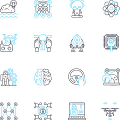 Artificial Intelligence linear icons set. Automation, Machine learning, Robotics, Neural nerks, Natural language processing, Expert systems, Deep learning line vector and concept signs. Big data