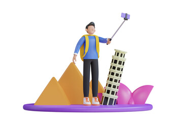 Travel Vlogger 3D Illustration. Young man traveler taking selfie photo with smartphone. 3d illustration