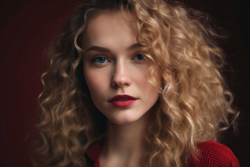 Fototapeta premium Beautiful woman with curly blonde hair and vibrant red lips posing against a pale green background with a bohemian vibe, generative ai