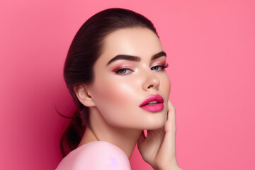 Fototapeta premium beautiful woman with flawless skin and a bold pink lip, posing gracefully against a light pink background that creates a serene and peaceful atmosphere, generative ai