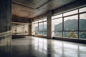 A mountain view enhanced empty concrete room with large window. Generative AI