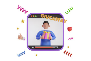 Blogger holding gift box. Social media influencer giveaways concept. man vlogger gives presents between her followers. 3d illustration
