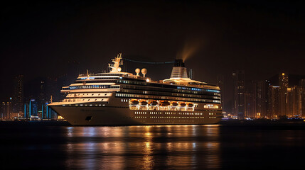 Modern cruise liner in the harbor at night, generative ai