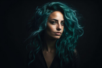 beautiful woman with long, wavy teal hair posing against a dramatic teal and black background, exuding both strength and vulnerability, generative ai