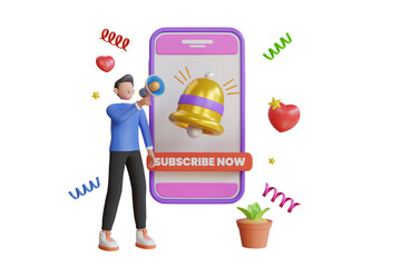 3d Subscribe now to our fans. Subscription notification with bell. Vlogger Asking For Subscribe. 3d illustration
