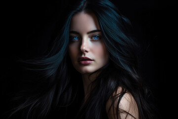 breathtaking portrait of a beautiful woman with bright blue eyes and long, flowing black hair, set against a dark, stormy gray background, generative ai