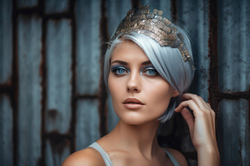 Captivating portrait of a stunning woman with tan skin and piercing blue eyes, wearing a silver headpiece and posing against a textured brick wall, generative ai