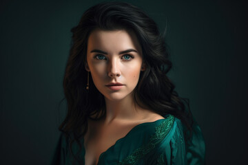 Captivating portrait of a woman with piercing hazel eyes and flowing black hair, wearing a bold emerald green gown, against a soft pale green background, generative ai