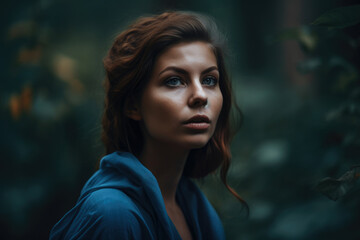 Captivating woman with a mesmerizing gaze in a moody steel blue forest, generative ai