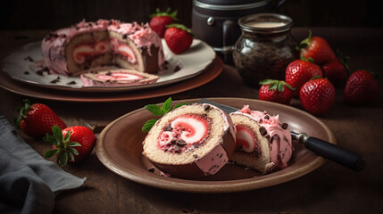 Fototapeta na wymiar Pink plate with pieces of delicious sponge cake roll, fresh strawberries, napkin and chocolate on light background, generative ai