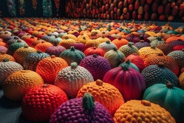 Fototapeta na wymiar An AI-created market display of vibrant fruit pillows arranged in rows. Generative AI
