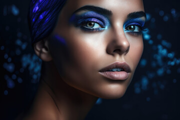 Fototapeta premium close-up portrait of a beautiful woman with indigo lips, flawless skin, and eyes that seem to hold secrets, set against a gradient background of indigo and silver, generative ai