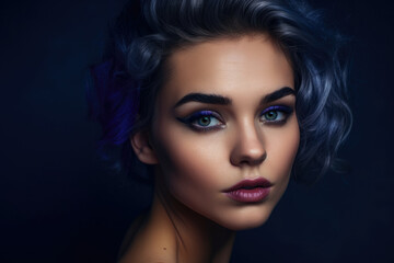 Fototapeta na wymiar close-up portrait of a beautiful woman with indigo lips, flawless skin, and eyes that seem to hold secrets, set against a gradient background of indigo and silver, generative ai