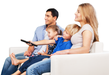 Beautiful smiling family in a room on couch