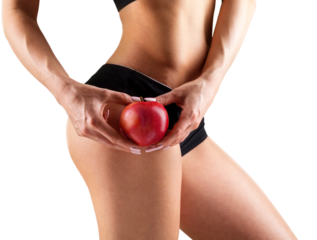 Young sport woman showing vegetable and healthy food