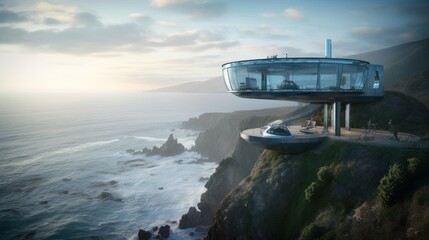 Fototapeta na wymiar Experience Ultimate Luxury: A Glass-Encased Smart Home with Sweeping Ocean Views, Retractable Helipad & High-Performance Electric Sports Car, Generative ai