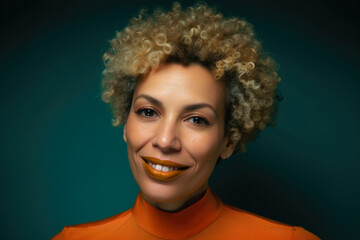 Close-up portrait of a stunning woman with short curly hair, wearing a bold orange lipstick and a playful expression, set against a dark teal background, generative ai