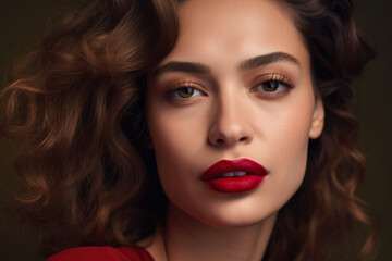 Fototapeta na wymiar Close-up portrait of a stunning woman with wavy brown hair and a tan complexion wearing a vibrant red lipstick, generative ai