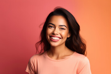 Fototapeta premium confident and poised woman with a radiant smile and rosy cheeks, standing against a gradient background of pink and orange, generative ai