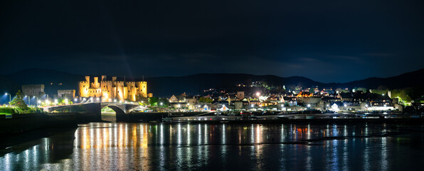 Conwy panorama at night with Conwy castle. Wales