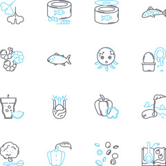 Supper linear icons set. Nourishing, Satisfying, Delicious, Comforting, Hearty, Wholesome, Nutritious line vector and concept signs. Scrumptious,Tasty,Fulfilling outline illustrations