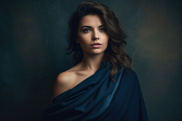 Elegant portrait of a beautiful woman with wavy brunette hair, wearing a navy blue off-shoulder dress and a matching scarf, standing in front of a textured navy blue wall, generative ai