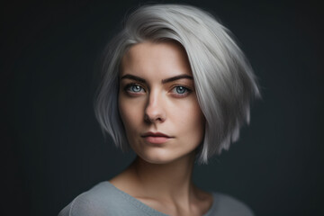 Elegant portrait of a beautiful woman with piercing blue eyes and a sleek, silver bob, set against a moody gray background, generative ai