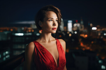 Elegant woman with a light tan complexion wearing a red dress and standing in front of a modern city skyline at dusk, generative ai