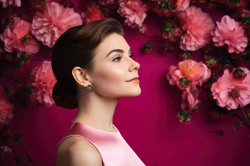 Elegant woman with a sophisticated updo and a subtle smile, standing gracefully against a bright pink backdrop resembling a blooming flower garden, generative ai