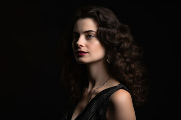 Fototapeta premium Elegant woman with long curly hair wearing a black dress and diamond earrings, standing in front of a black background with a subtle pattern, generative ai