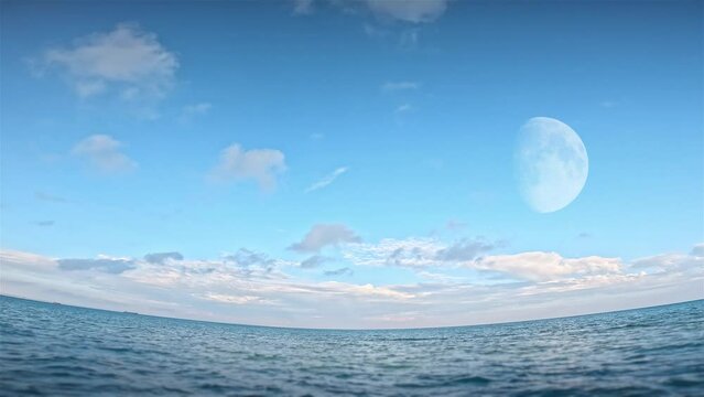 Open sea with large moon in the daytime.Video fish eye.Blue sunny sky.Static video.Calm sea.Relaxation mood.