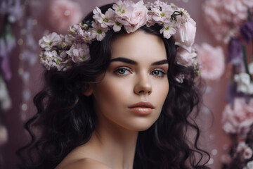 Naklejka premium Ethereal woman with dark brown hair and soft features, adorned with delicate white flowers in her hair, against a pastel pink and purple background, generative ai