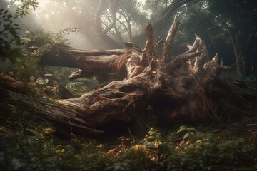 Large fallen trunk tangled in undergrowth on hazy background. Generative AI