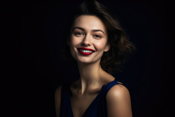 Obraz premium Glamorous portrait of a stunning woman with dark blue background and a pop of red lipstick accentuating her full lips and captivating smile, generative ai