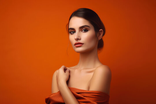 Gorgeous woman with bright orange background, wearing a black velvet off-the-shoulder dress, showcasing her delicate collarbone and flawless complexion, generative ai