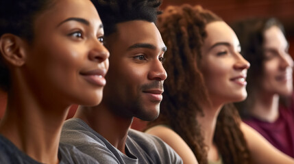 Obraz premium Group of young friends in sportswear laughing in a gym after an exercise. Fitness, laughing and friends at the gym for training, pilates class, digital ai