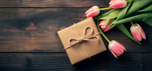 Mother's day poster or banner with bouquet of tulips and gift box on wooden rustic background