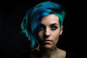 Intense portrait of a beautiful woman with turquoise blue hair and piercing turquoise blue eyes, standing against a stark black background, generative ai