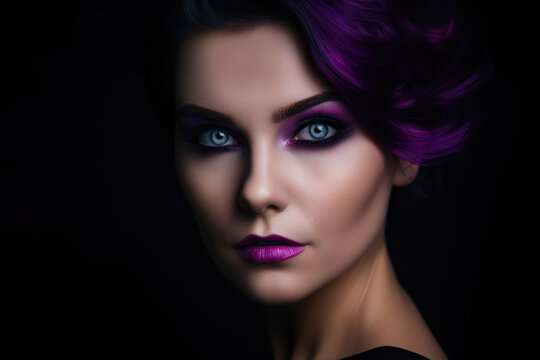 Headshot of a beautiful woman with striking violet eyes and bold plum lips against a deep purple background, generative ai
