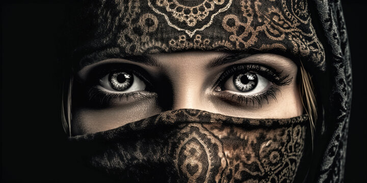 Beautiful Muslim Woman face portrait. Hijab. Close up of beauty arabian woman with perfect makeup. Traditional muslim dress, hijab. digital ai art	