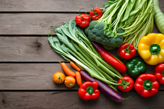 Fresh vegetables on wooden table top view