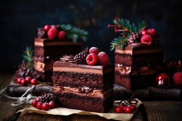 Fototapeta na wymiar decadent chocolate cake topped with fresh raspberries and rich chocolate frosting. Generative AI